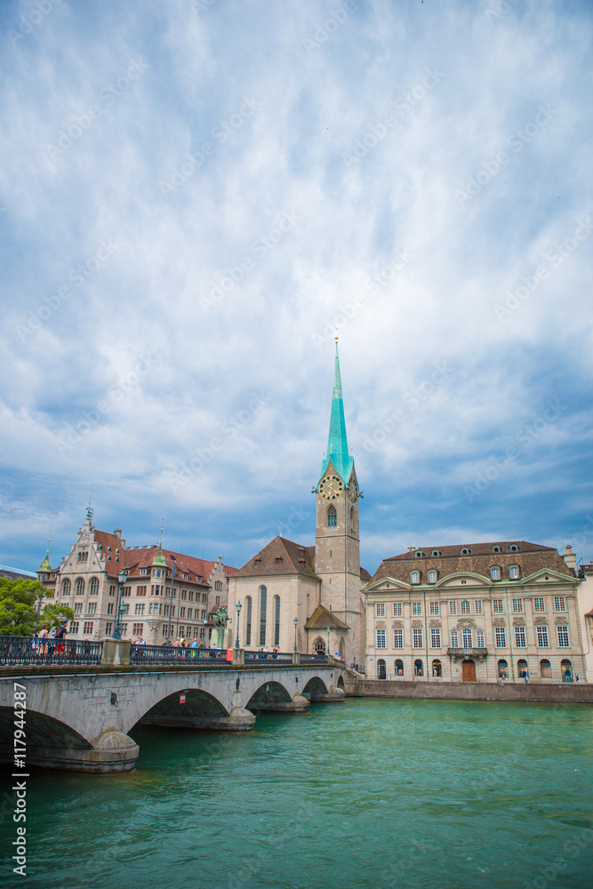 View of the historic city center of Zurich with famous Fraumunster Church and river Limmat, Switzerland