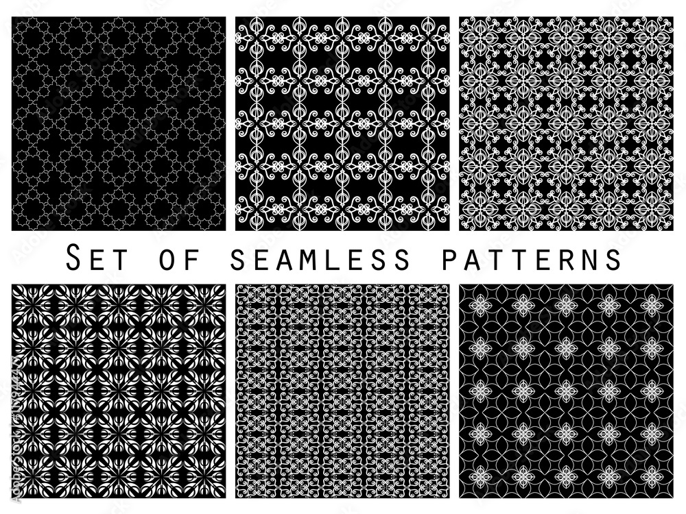 Geometric seamless patterns black and white set. Vector illustration.