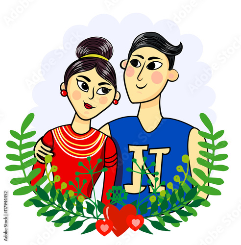 Illustration with young couple. Boy and girl
