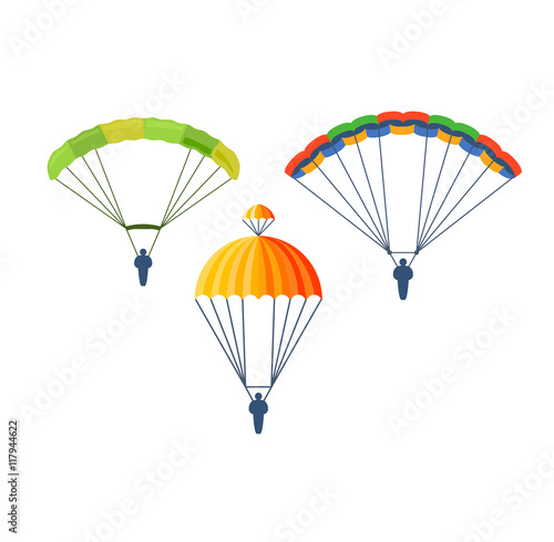 Illustration fly parachute flat icon cartoon graphic. Modern parachute extreme transport sky adventure journey and air parachute travel transportation flight airship. Hight jump down