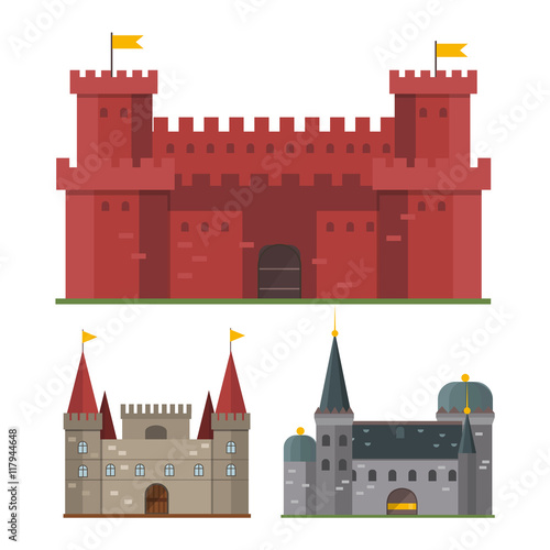 Cartoon fairy tale castle tower icon. Cute cartoon castle architecture. Vector illustration fantasy house fairytale medieval castle. Kingstone cartoon castle cartoon stronghold design fable isolated.