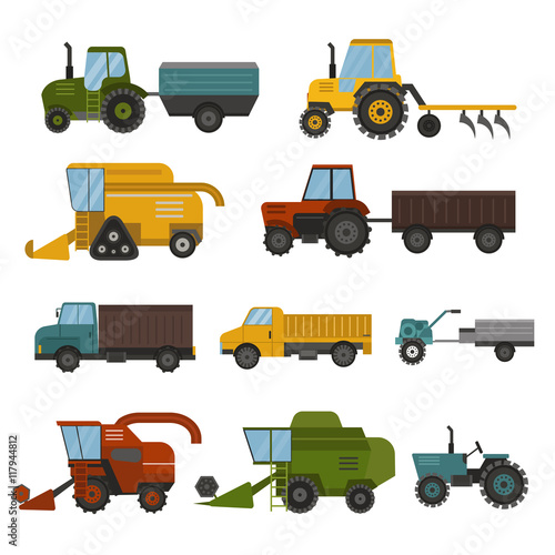 Set of different types of agricultural vehicles and machines harvesters, combines and excavators. Icon set of agricultural harvest machines with accessories for plowing, mowing, planting harvesting.