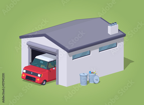 White garage and red car against the green background. 3D lowpoly isometric vector illustration