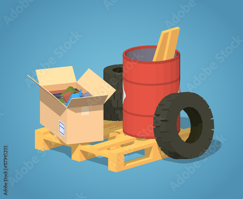 Pile of trash against the blue background. 3D lowpoly isometric vector illustration