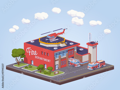 Fire station. 3D lowpoly isometric vector illustration