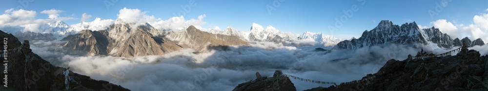panorama of Mount Everest, Lhotse, Makalu and Cho Oyu
