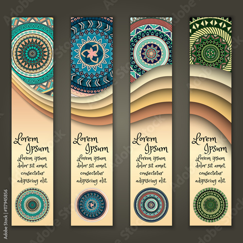 Colorful ornamental ethnic banner set. Templates with wavy elements and tribal mandala.