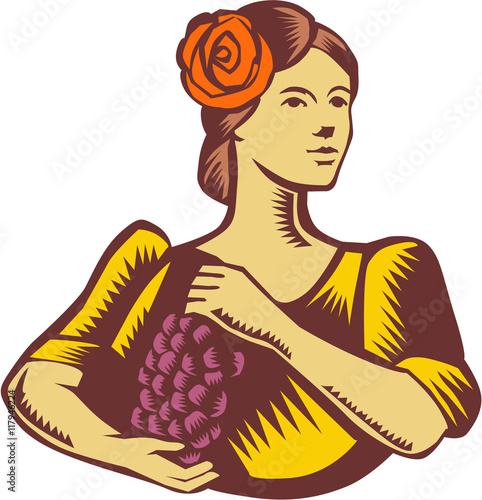 Senorita Holding Grapes Woodcut