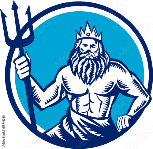 Poseidon Trident Circle Woodcut