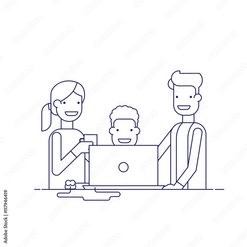Business team in a work process or parent watch the child. Man sitting at a computer surrounded by employees. Team problem solving. Man in a business suit and woman drinking coffee. Thin line vector Business team in a work process or parent watch the child. Man sitting at a computer surrounded by employees. Team problem solving. Man in a business suit and woman drinking coffee. Thin line vector