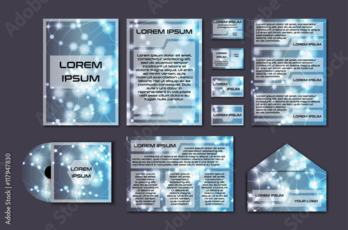 Corporate template set with glowing abstract layout. Vector company style for brandbook and guideline.
