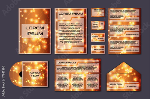 Corporate template set with glowing abstract layout. Vector company style for brandbook and guideline.