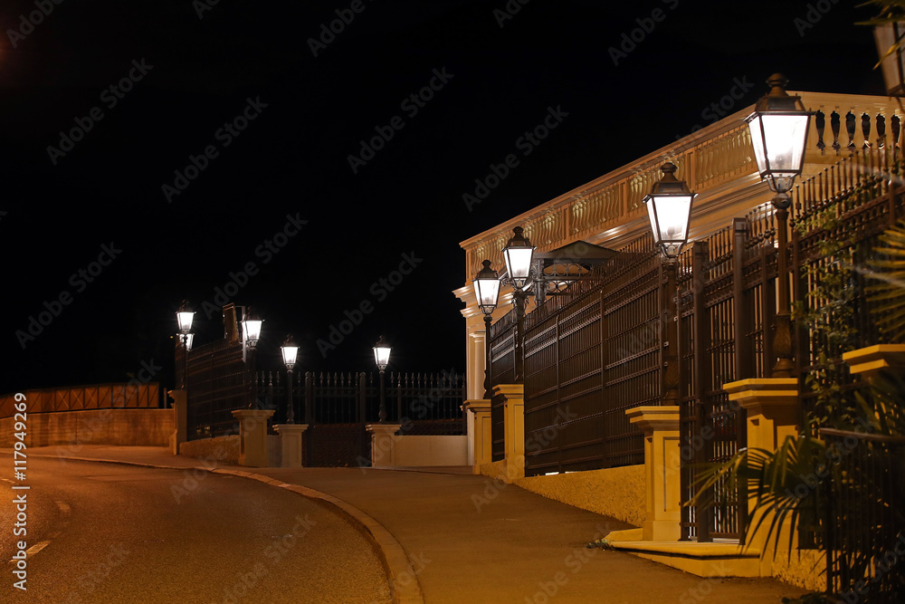 Old victorian style street, building and lanterns at night Old victorian style street, building and lanterns at night