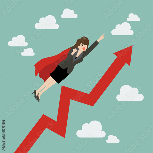 Business woman super hero with growing graph