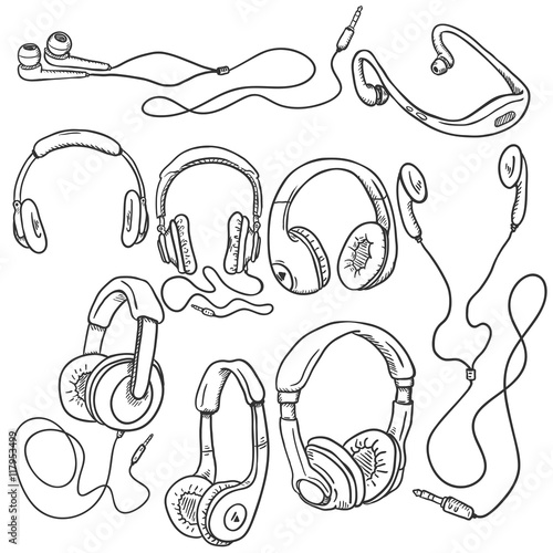 Vector Set of Sketch Circumaural Headphones
