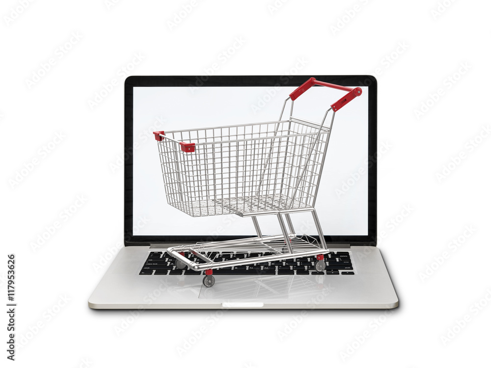 online shopping concept with 3d rendering shopping cart on keyboard online shopping concept with 3d rendering shopping cart on keyboard