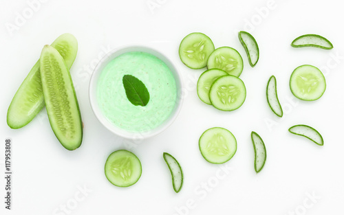 Natural ingredient for skincare and scrub with cucumber, avocado and mint isolated on white background