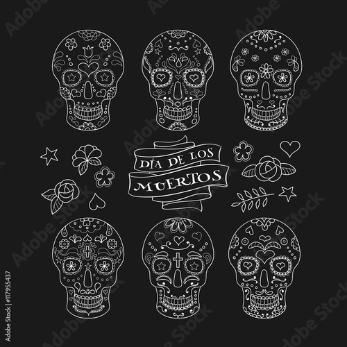 Collection of six Calavera skulls and decorative elements. Sugar skulls for Mexican Day of the Dead