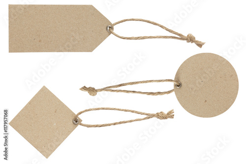 Blank tag tied. Price tag, gift tag, sale tag, address label isolate on white with clipping path
