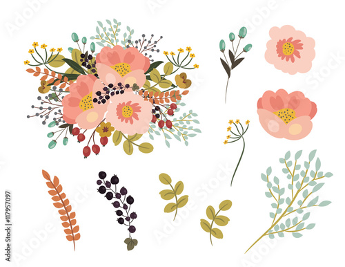 Fototapeta Naklejka Na Ścianę i Meble -  Hand drawn of flower,berries,foliage vector
