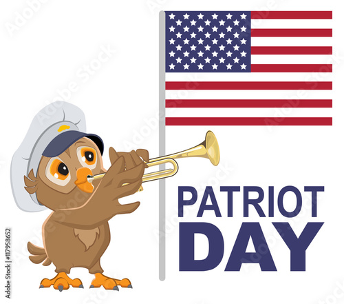 Tableau sur toile Patriot Day USA. Owl bugler in white cap plays horn