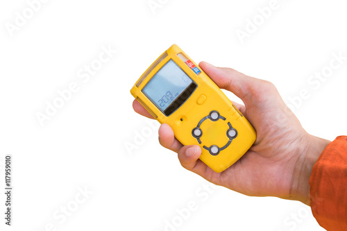 Hand hold gas detector for chek gas leak isolate on white
