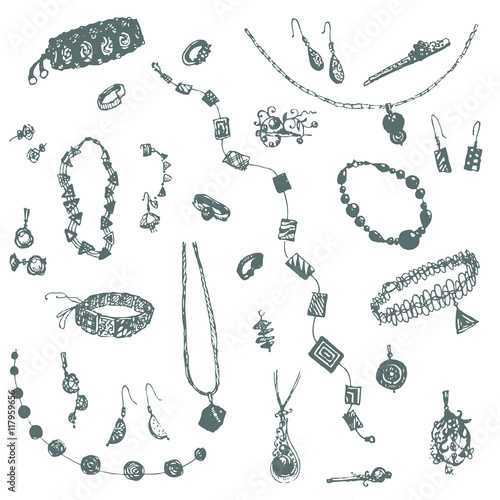 Hand drawn doodle jewelry, bijou. Gray objects, white background. Design illusrtration for poster, flyer.