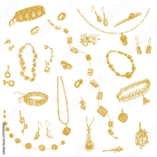 Hand drawn doodle jewelry, bijou. Yellow, gold objects, white background. Design illusrtration for poster, flyer.