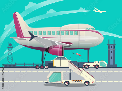 Airport and airplane flat vector illustration