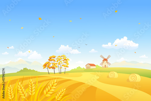Autumn fields and windmill