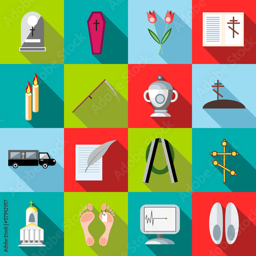 Flat death and funeral icons set. Universal death and funeral icons to use for web and mobile UI, set of basic death and funeral elements vector illustration