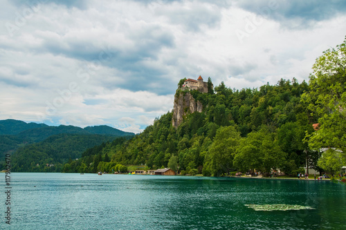 Bled castle with lake in foreground in Slovenia