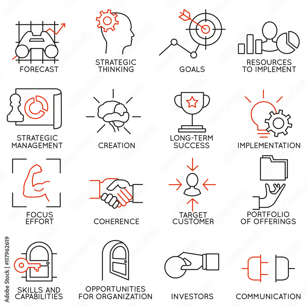 Set linear icons of business management, strategy, career progress and ...