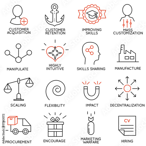 Set linear icons of business management, strategy, career progress and business people organization. Linear infographic vector logo pictograms - part 7