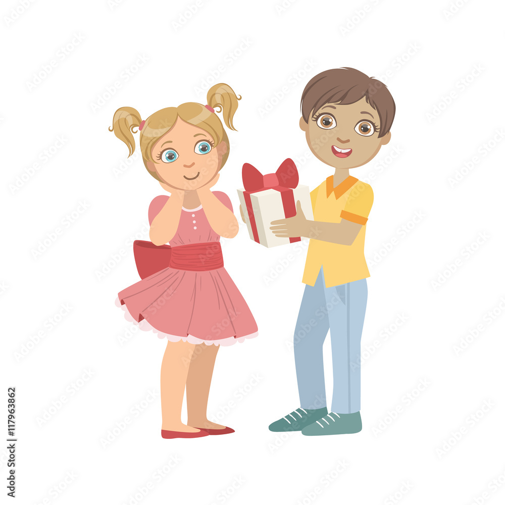 Boy Giving A Present To Girl With Ponytails Boy Giving A Present To Girl With Ponytails
