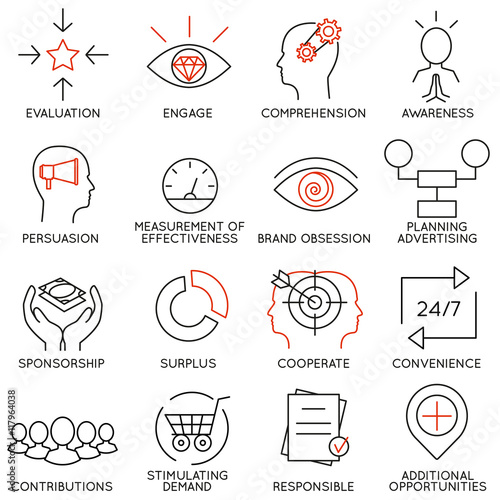 Vector set of 16 icons related to business management, strategy, career progress and business process. Mono line pictograms and infographics design elements - part 10