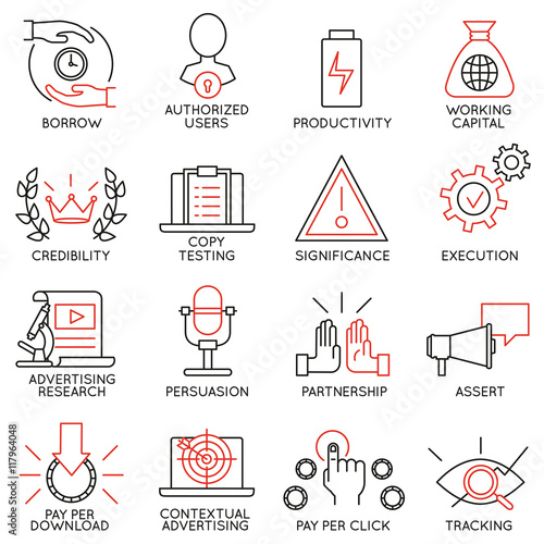 Vector set of 16 icons related to business management, strategy, career progress and business process. Mono line pictograms and infographics design elements - part 11
