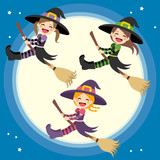 Cute little group of witches flying in front of the full moon with magical broom at night