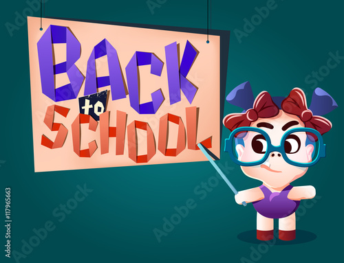 Back to school letters and kid teacher pointing to the schoolboard. Paper folded text.