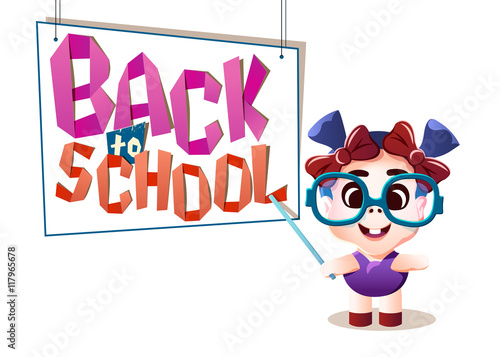 Back to school letters and kid teacher pointing to the schoolboard. Delighted kid isolated on white. Happy little girl.