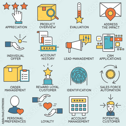Vector set of icons related to customer relationship management. Flat line pictograms and infographics design elements - part 3