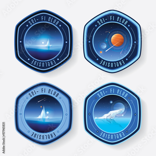 Universe logo badges in polygonal shapes