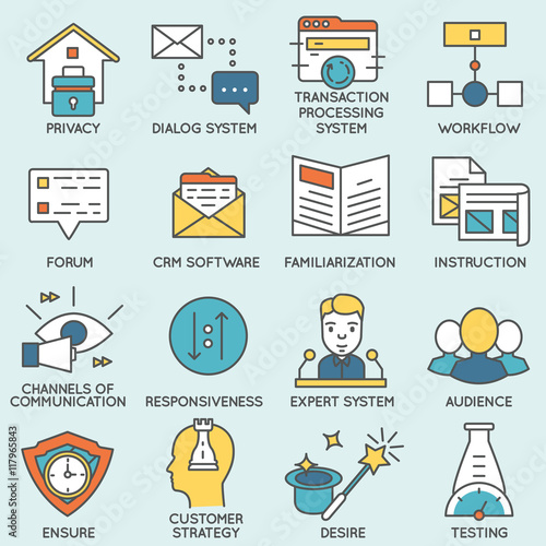 Vector set of icons related to customer relationship management. Flat line pictograms and infographics design elements - part 7