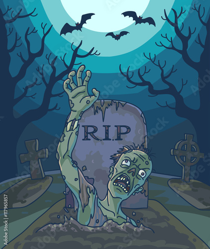 Halloween vector illustration with spooky zombie dead man, moon and grave.