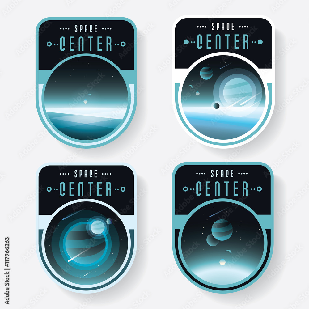 Naklejka premium Outer space logo badges set with blue planets