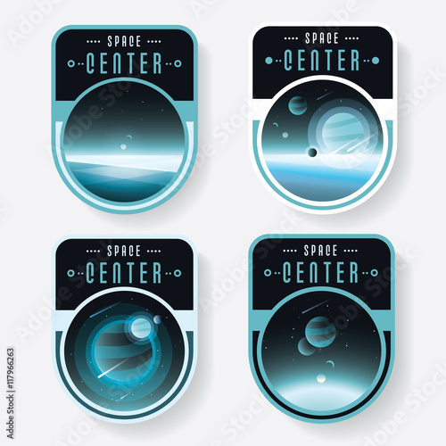 Outer space logo badges set with blue planets