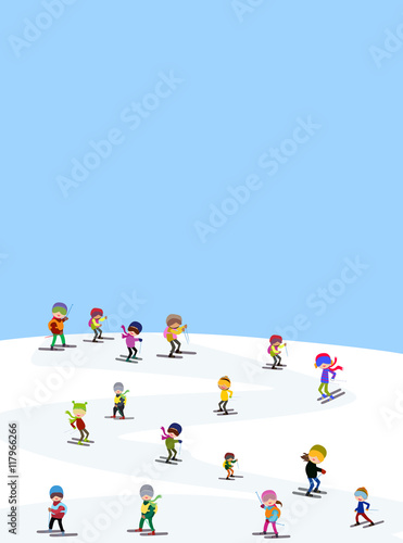 Winter landscape with funny skiers