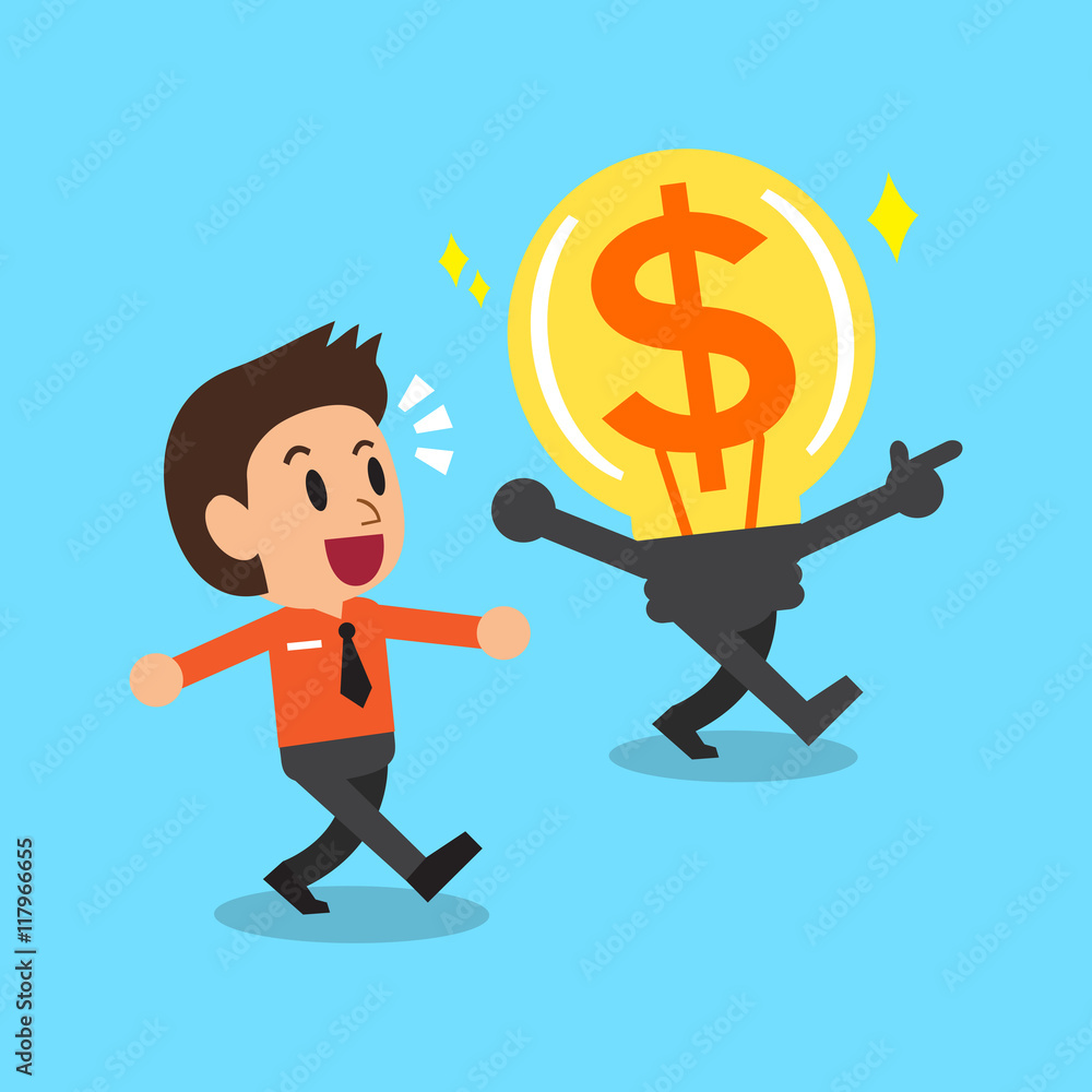 Businessman with big money idea character Businessman with big money idea character
