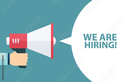 Male hand holding megaphone with We Are Hiring! speech bubble.