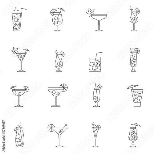 Outline cocktail icon set isolated on white background